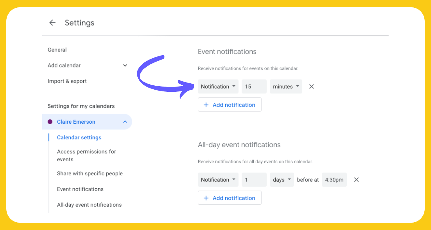Event notification settings in Google Calendar