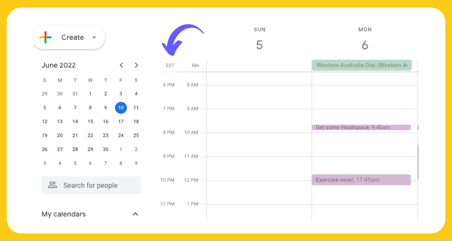 Second timezone displayed in google calendar