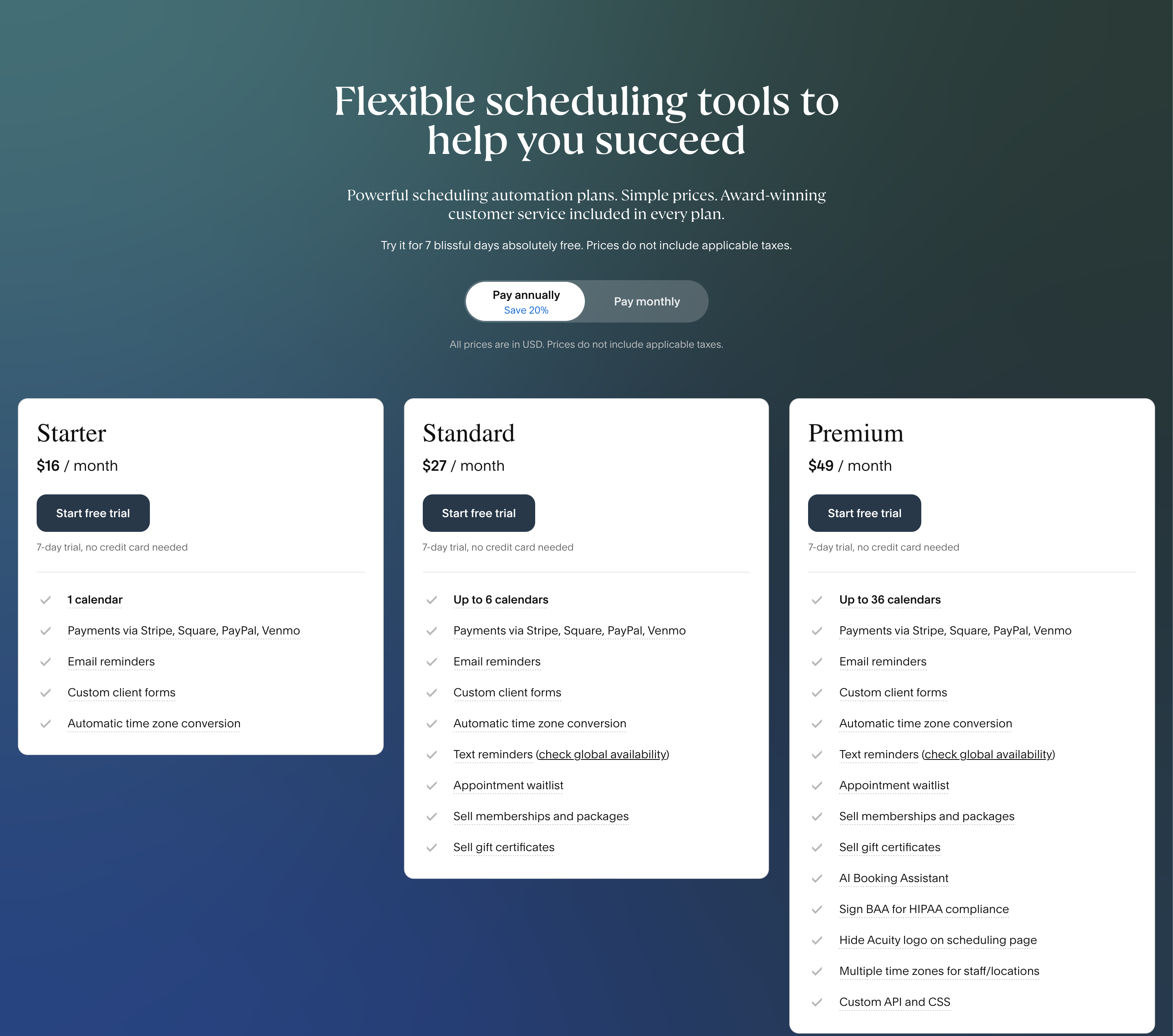 Acuity Scheduling pricing plans.